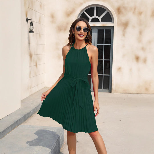 Damen Plissiertes Sommerkleid mit tailliertem Gürtel und Halterneck EB