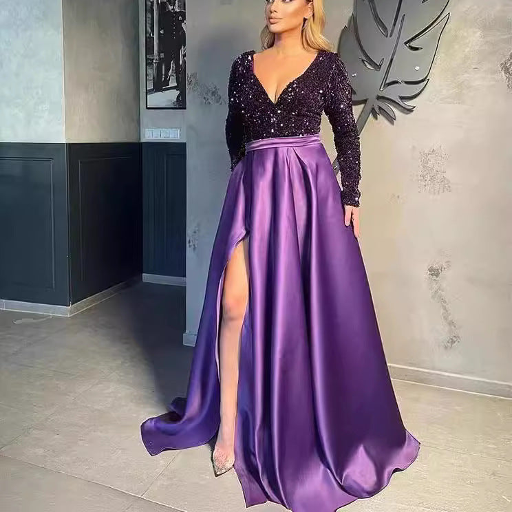 Damen Glamouröses Abendkleid mit funkelnden Pailletten und hohem Schlitz EB