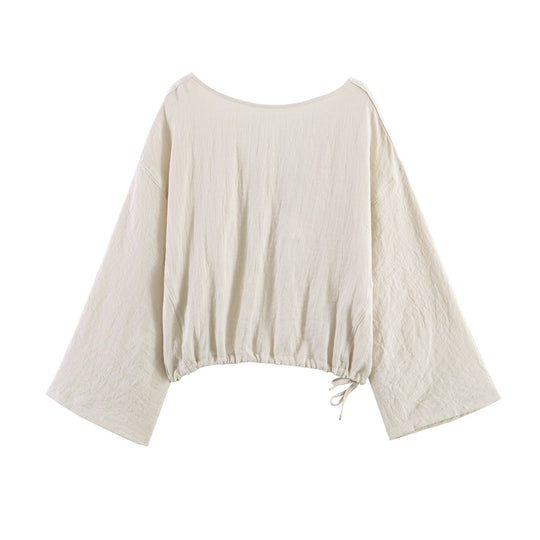 Damen lässige Bluse mit weitem V-Ausschnitt und elastischem Saum EB