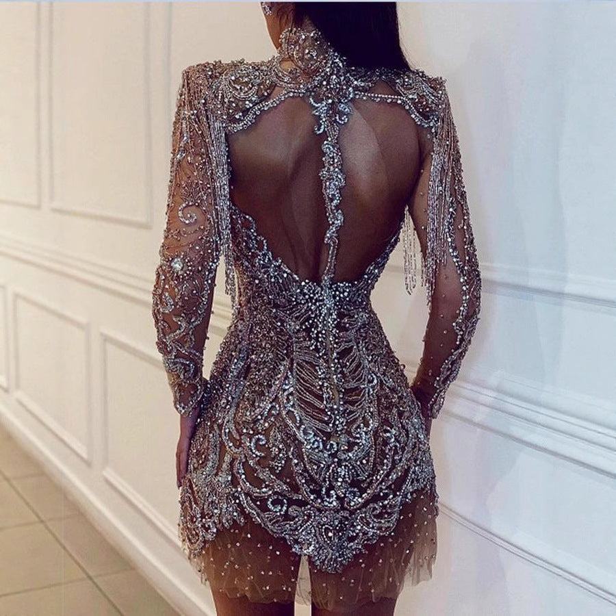 Damen Glamouröses Minikleid mit funkelnden Pailletten und aufregenden Fransen EB