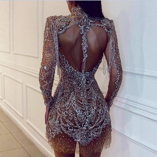 Damen Glamouröses Minikleid mit funkelnden Pailletten und aufregenden Fransen EB