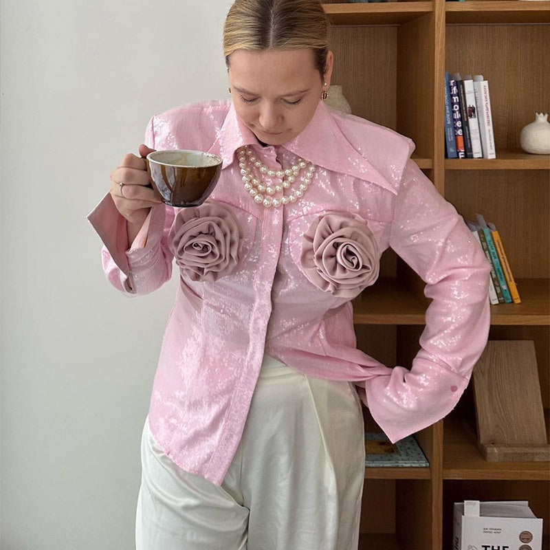 Damen Glamouröse Bluse mit 3D-Rosenapplikationen und Glitzer EB