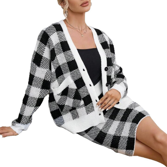 Damen Karierter Cardigan mit Taschen EB