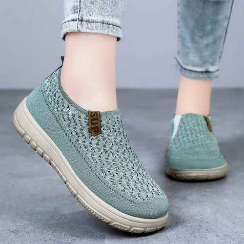 Damen nan gestrickter Slip-On Komfort-Sneaker mit elastischem Einstieg, atmungsaktivem 3D-Strick und gedämpfter EVA-Laufsohle EB