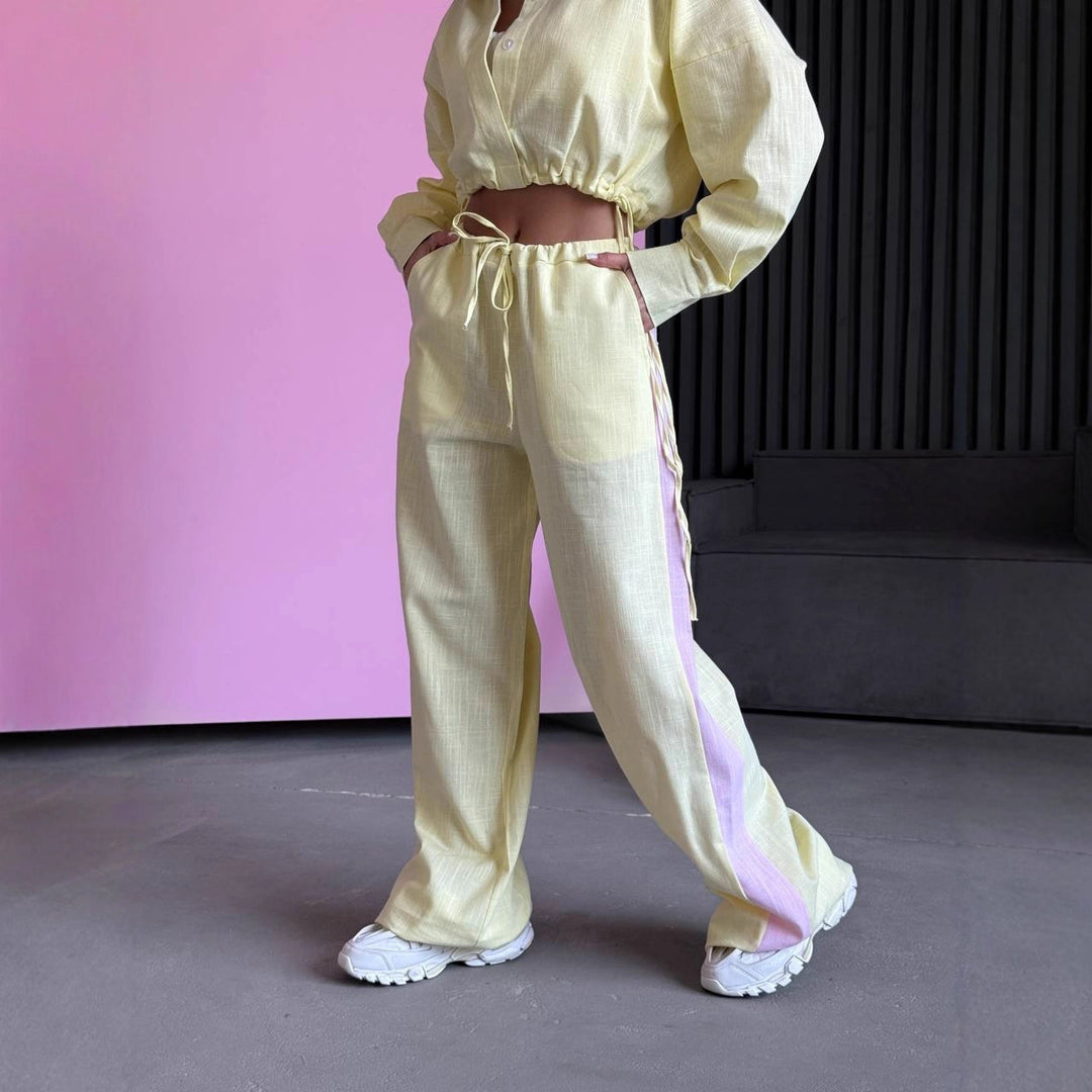 Damen kurzes Hemd mit Kordelzug und weite hochgeschnittene Leinenhose Set Eichborn Berlin