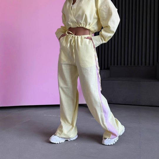 Damen kurzes Hemd mit Kordelzug und weite hochgeschnittene Leinenhose Set Eichborn Berlin