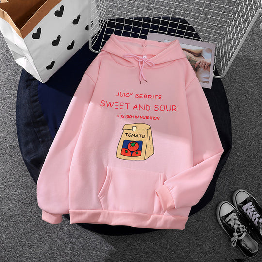 Damen nan Oversize-Kapuzenpullover mit verspieltem Tomatenprint, Kängurutasche und weichem Fleecefutter EB