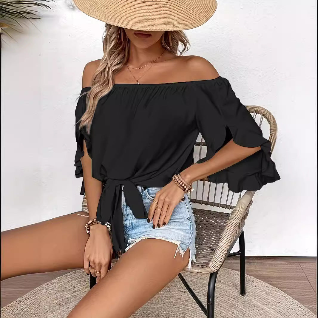 Damen Off-Shoulder-Bluse mit Rüschendetails und Taillenbindung EB
