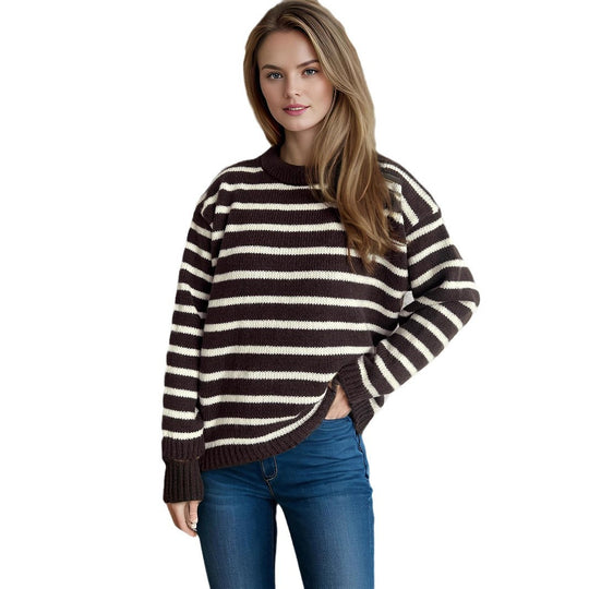 Damen lässiger Strickpullover mit breiten Streifen und lockerer Passform EB