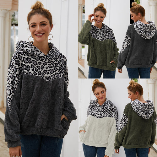 Damen Gemütlicher Teddy-Pullover mit Kapuze und Leopardenmuster EB