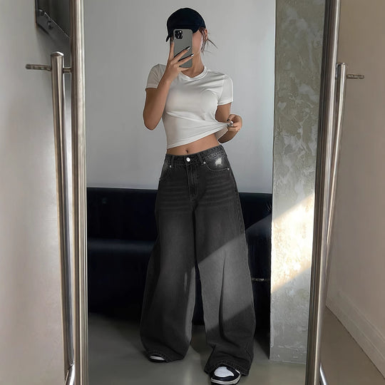 Damen Weite Denim-Hose mit hohem Bund und bequemer Passform EB