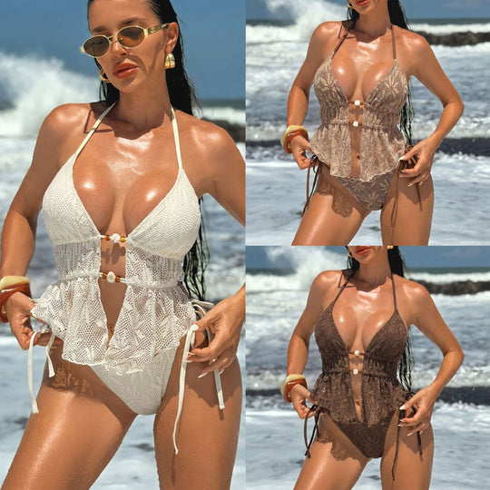 Damen Häkel-Bikini mit Rüschen und eleganter Schnürung EB