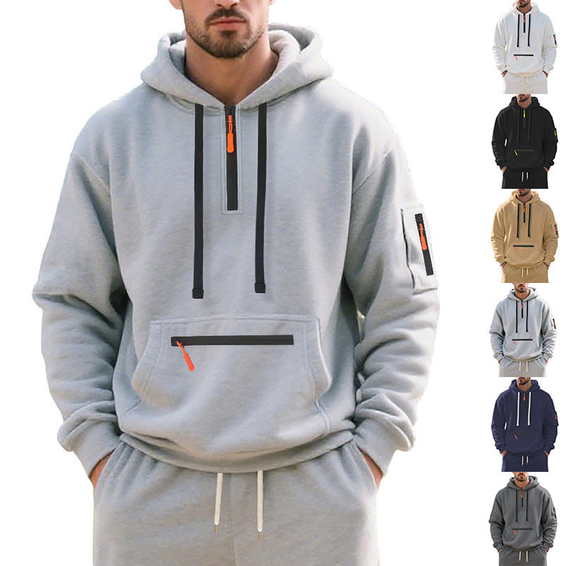 Herren nan funktionaler Kapuzenpullover mit kurzem Frontreißverschluss, wasserabweisenden Zippern und Utility-Ärmeltasche EB