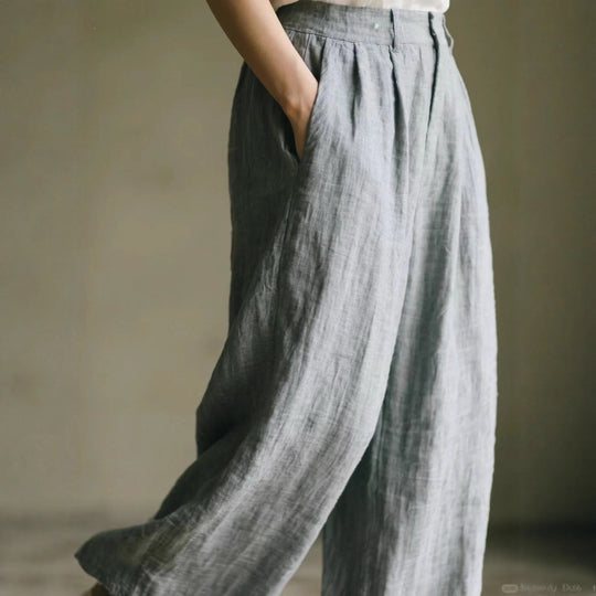 Damen weite Leinenhose mit eleganter Bundfalte und Taschen EB