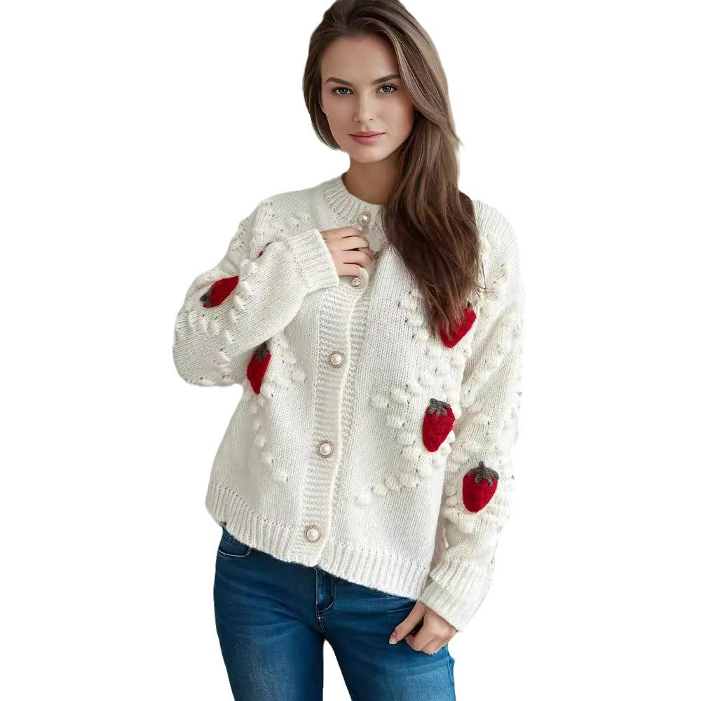 Damen Strickjacke mit verspieltem Erdbeermotiv und Knopfdetails EB