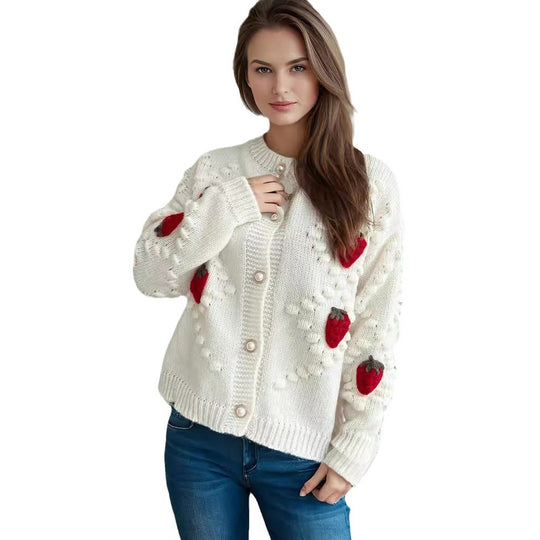 Damen Strickjacke mit verspieltem Erdbeermotiv und Knopfdetails EB
