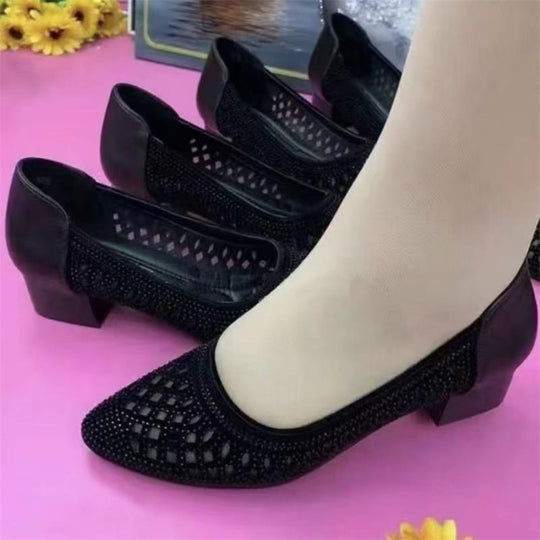 Damen elegante Ballerinas mit funkelndem Strass und komfortablem Blockabsatz EB