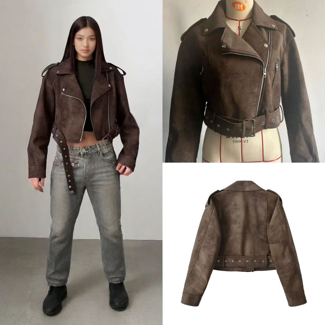 Damen Kunstleder Bikerjacke mit tailliertem Schnitt und verstellbarem Bund EB