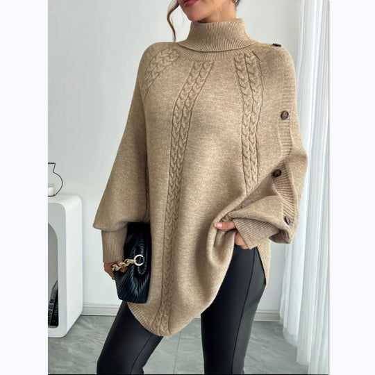 Damen Eleganter Strickponcho mit Rollkragen und Zopfmuster EB