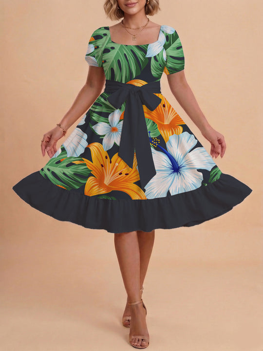 Damen A-Linien-Kleid mit floralen Motiven und taillierbarem Gürtel EB
