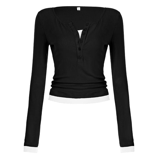 Damen nan tailliertes Henley-Crop-Longsleeve mit kontrastierenden Saum- und Ärmelbündchen EB
