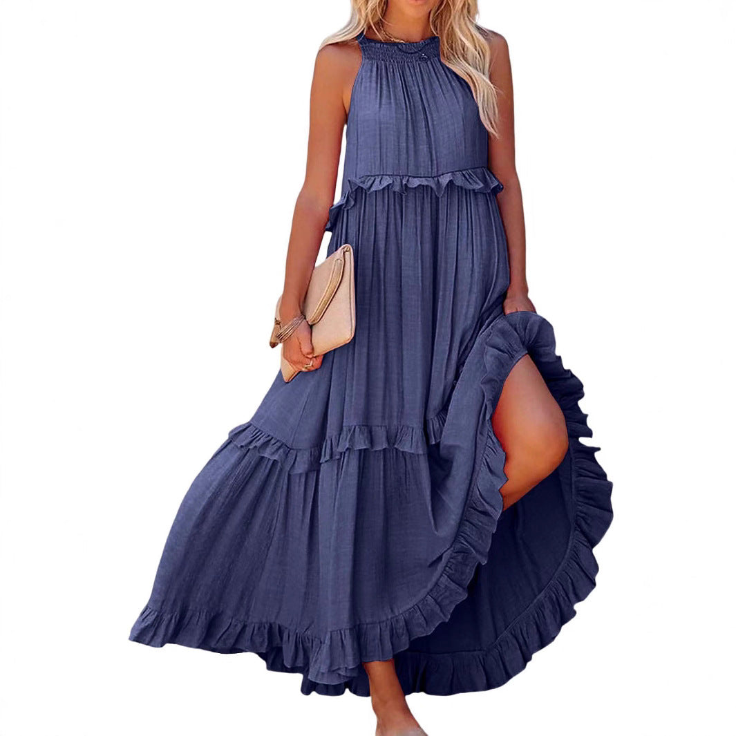 Damen Luftiges Maxikleid mit Rüschendetails und hoher Taille EB