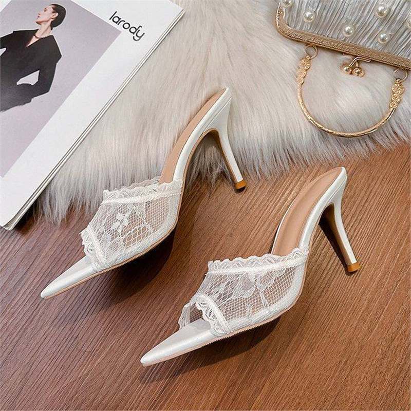 Damen elegante Mules mit Spitze und feiner Spitze EB