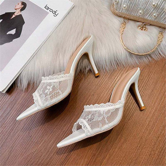 Damen elegante Mules mit Spitze und feiner Spitze EB