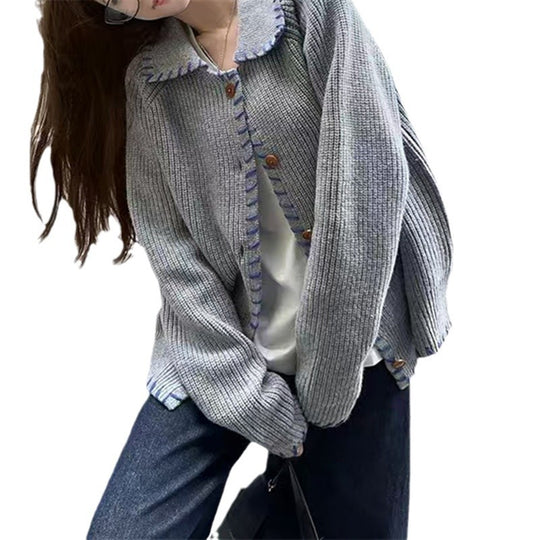 Damen Bequemer Strickcardigan mit kontrastierenden Knopfdetails und großem Kragen EB