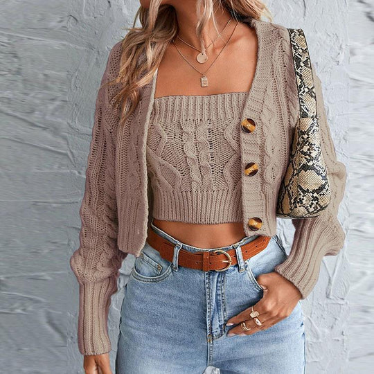 Damen gestricktes Set mit Cardigan und Crop-Top EB