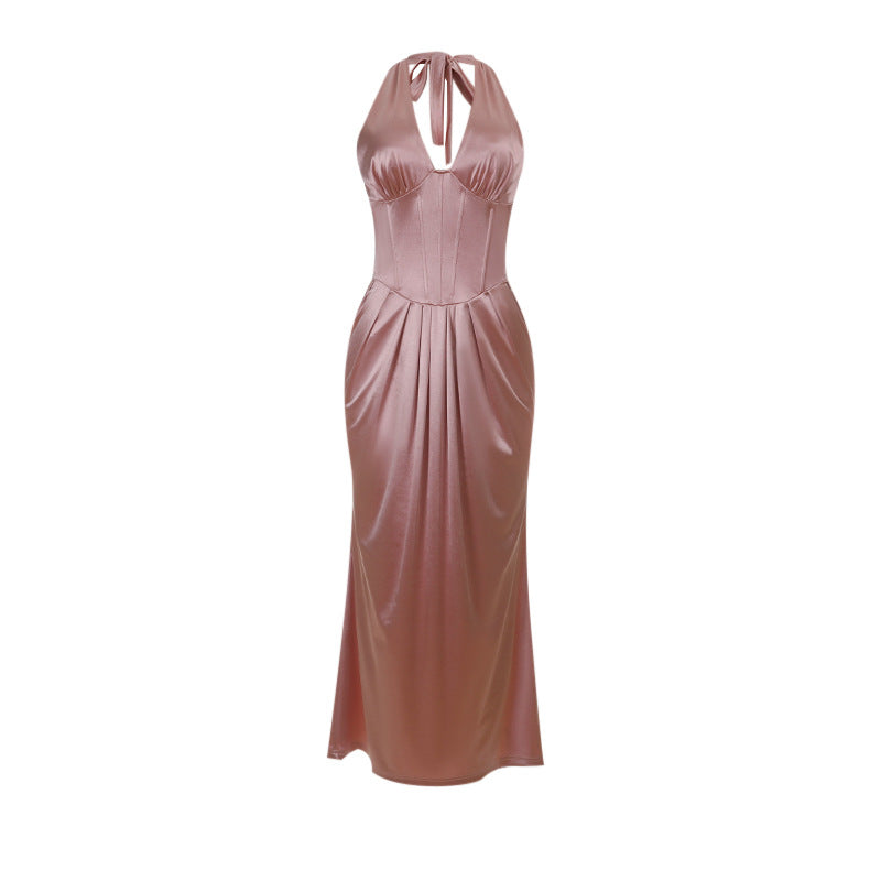 Damen elegantes Maxikleid mit feinem V-Ausschnitt und tailliertem Design EB