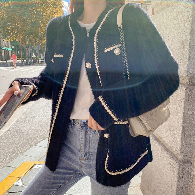 Damen modische Strickjacke mit eleganten Kontrastnähten und Knopfdetails EB