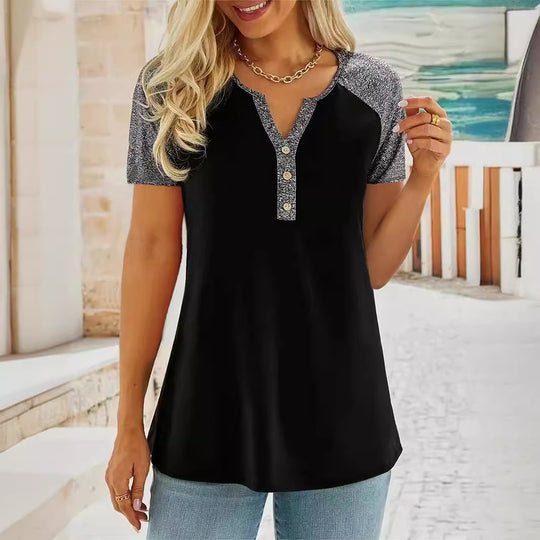 Damen modisches T-Shirt mit dekorativen Knöpfen und Kontrast-ärmeln EB