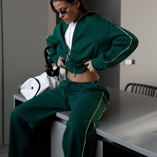 Damen nan kurzes Reißverschluss-Hoodie und hohe Taillen-Jogginghose Set mit dekorativer Seitenpaspel EB