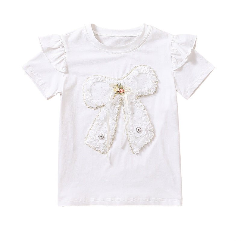 Mädchen T-Shirt mit romantischem Schleifenmotiv und Rüschendetails EB
