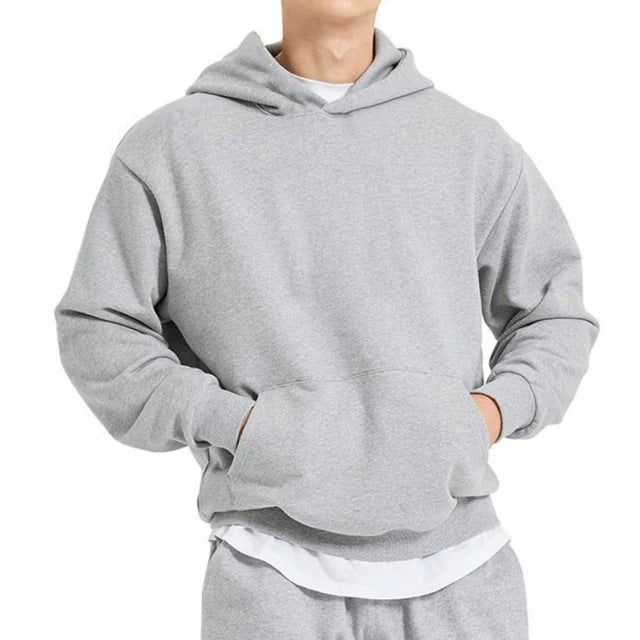 Herren nan schwerer Kapuzenpullover im Boxy-Cut mit Kängurutasche, geripptem Saum und angerauter Innenseite EB