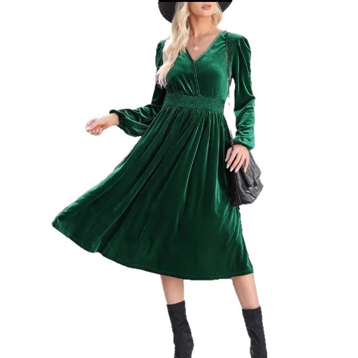Damen Midikleid aus Samt mit V-Ausschnitt, geraffter Smock-Taille und langen Ballonärmeln EB