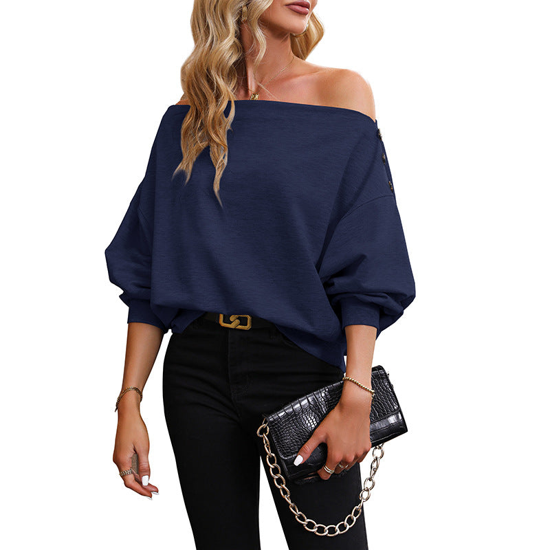 Damen lässiges Off-Shoulder Sweatshirt mit dekorativen Knöpfen EB