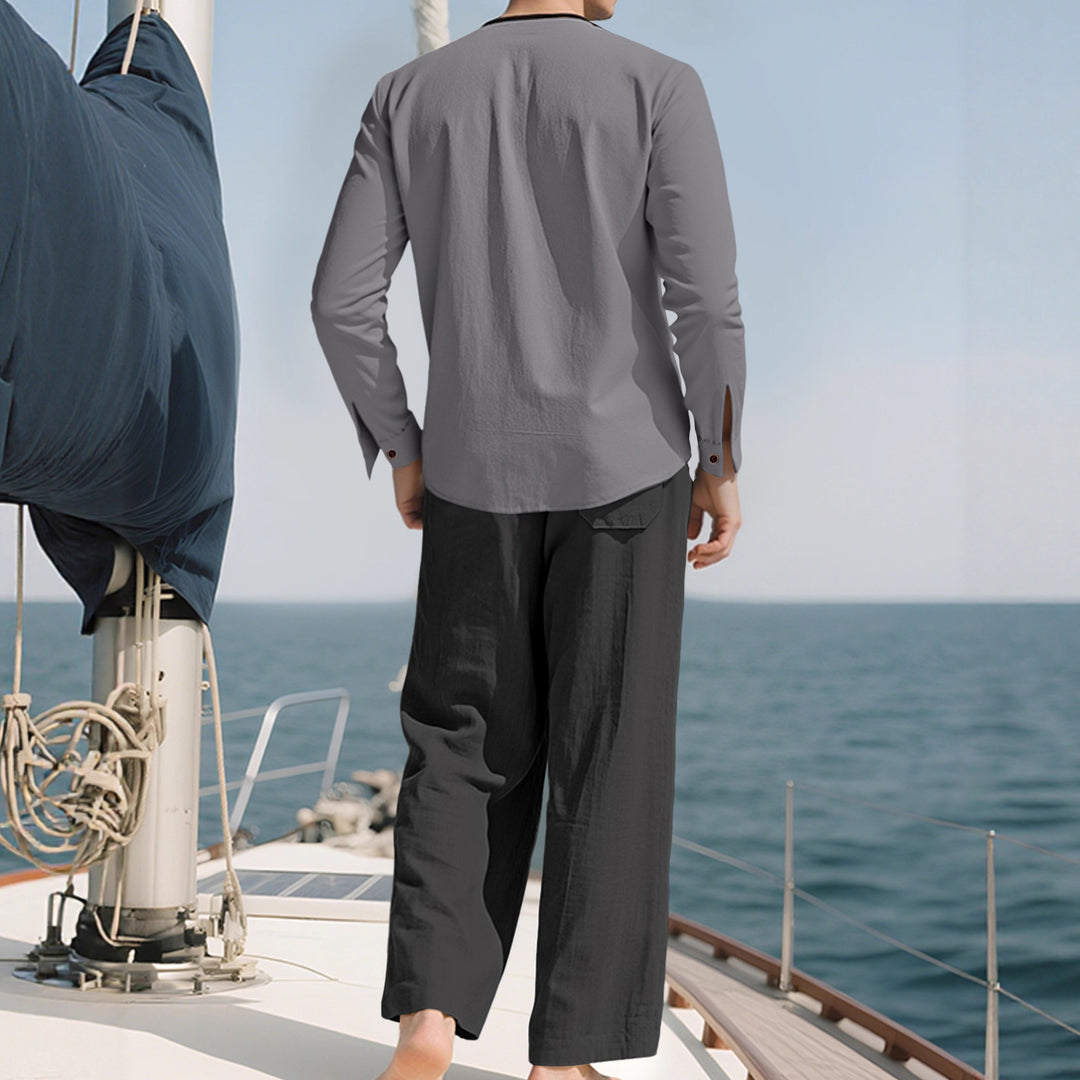 Herren nan Tunika- und Palazzohose-Set mit Henley-Blende, Zierstickerei und weitem Schnitt EB