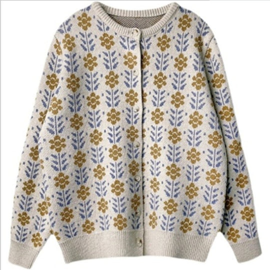 Damen Strickjacke mit floralem Muster und Knopfdetail EB