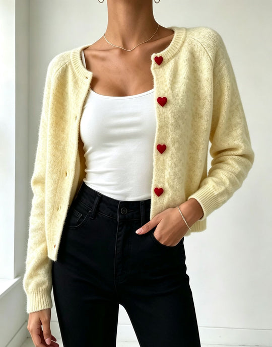 Damen Strickcardigan mit herzförmigen Zierknöpfen und weicher Mohair-Optik EB