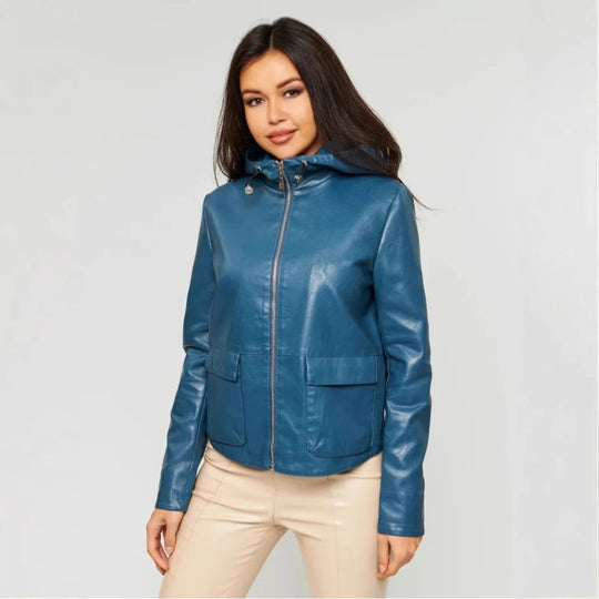 Damen Kunstlederjacke mit angeschnittenem Hoodie und praktischen Taschen EB