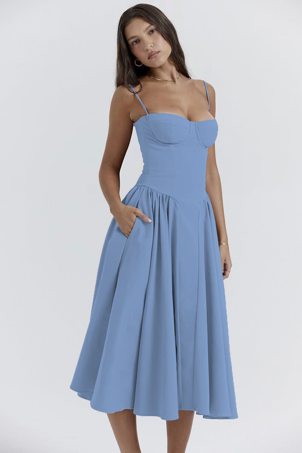 Damen Midikleid mit knöpfbarem Oberteil und schwingendem Rock EB