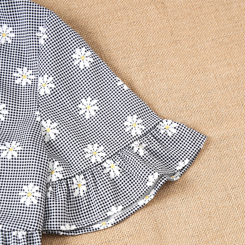 Damen Kurzarm Bluse mit floralem Design und Rüschendetails EB
