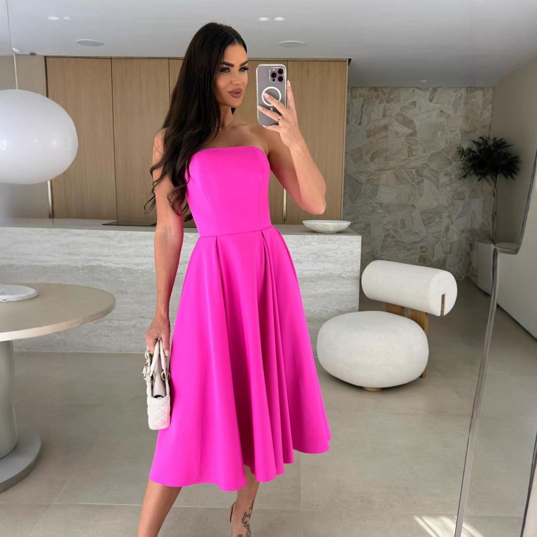 Damen A-linien Cocktailkleid mit trägerlosem Schnitt und schwingendem Rock EB