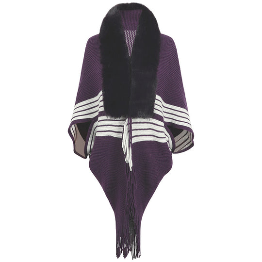 Damen eleganter Strickponcho mit kunstfellbesetztem Kragen und Fransen EB