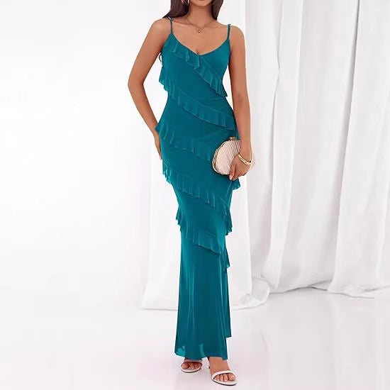 Damen Maxikleid mit Rüschen und Spaghettiträgern EB