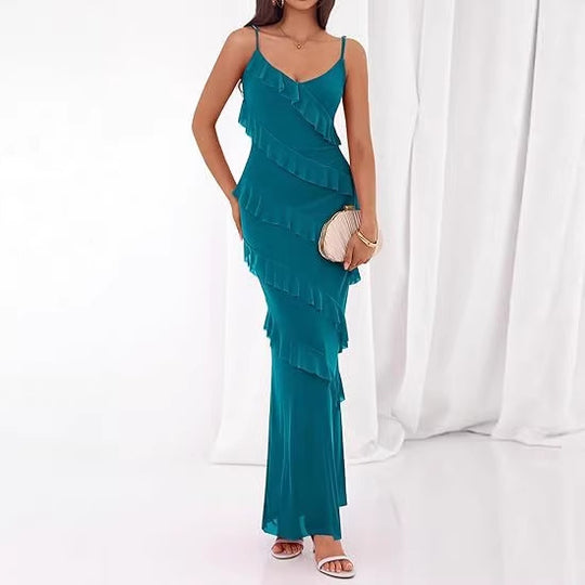 Damen Maxikleid mit Rüschen und Spaghettiträgern EB