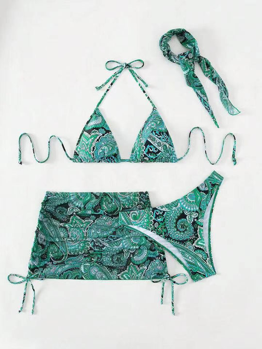 Damen Triangel-Bikini-Set mit elegantem Wickelrock und passendem Haarband EB