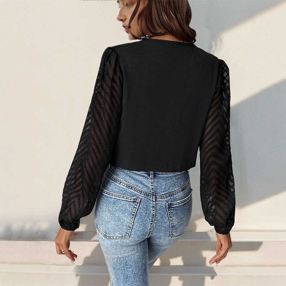 Damen elegantes Body mit voluminösen Ärmel und tiefem V-Ausschnitt EB